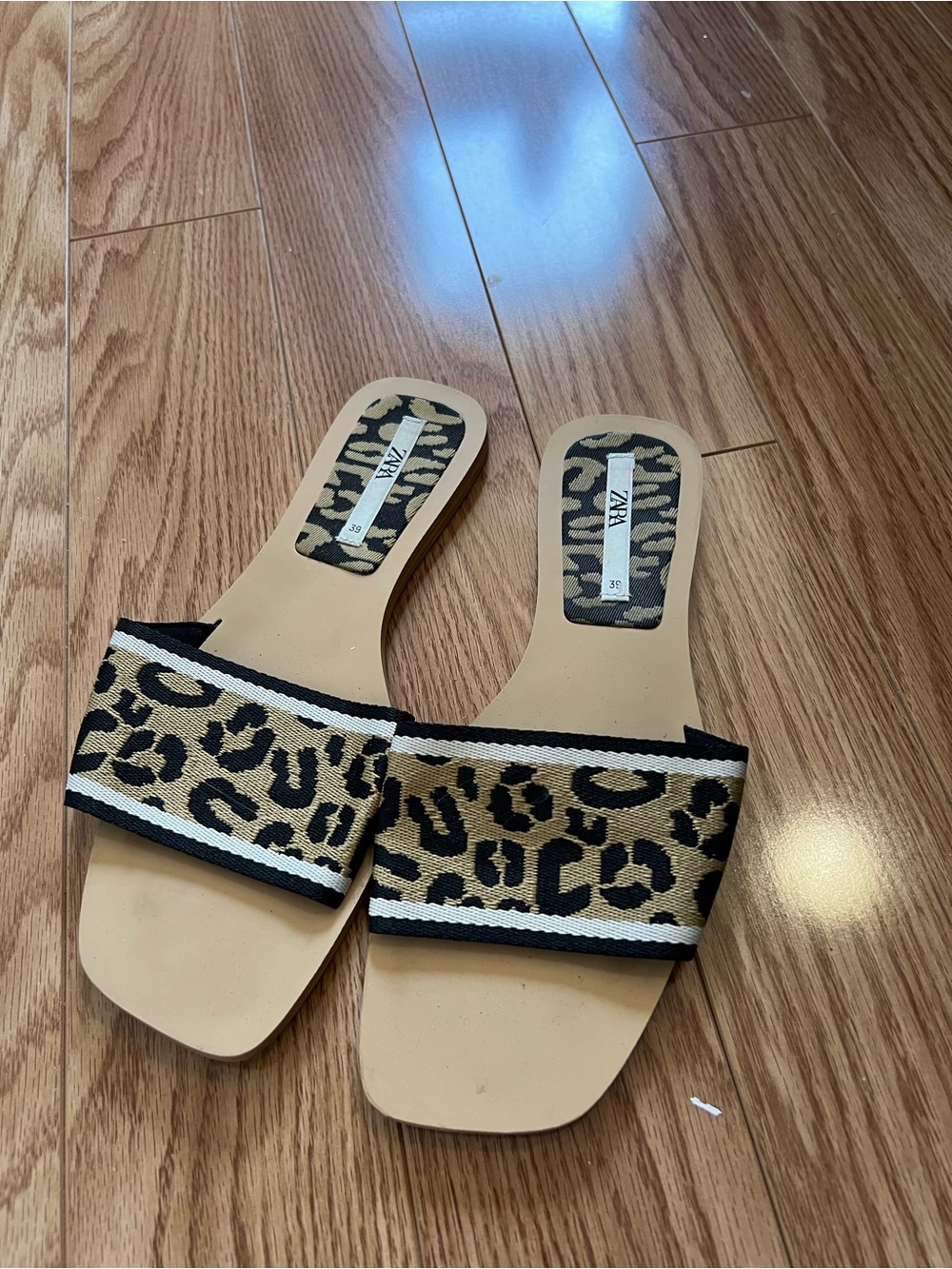 ZARA Leopard-Print Slide Sandals in Tan and Black